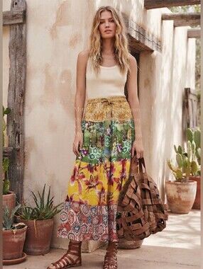 NWT Jackpot Breathable Boho Multi-Color Tiered Maxi Skirt Patchwork Gypsy